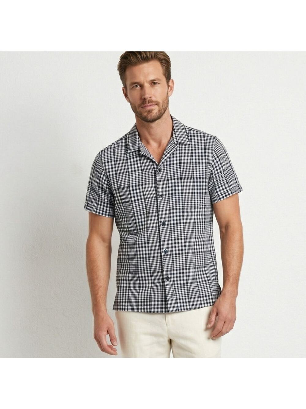 MR TURK Men's Camp Collar Shirt Check Blue & White check size Small
